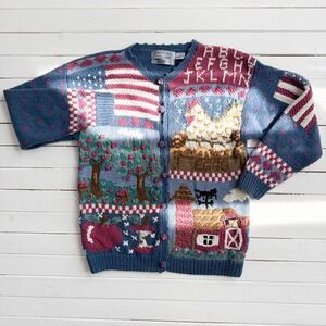 Northern Isles vtg blue chicken cow barn farm cardigan‎ sweater